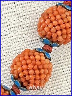 Vintage Chinese Red Orange CORAL Necklace Silver Enamel Natural Beads 22.5