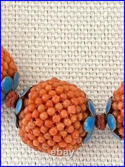 Vintage Chinese Red Orange CORAL Necklace Silver Enamel Natural Beads 22.5