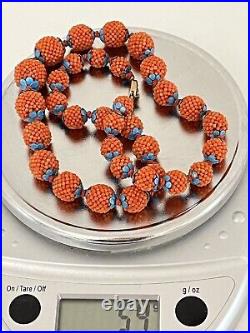 Vintage Chinese Red Orange CORAL Necklace Silver Enamel Natural Beads 22.5