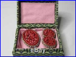 Vintage Chinese Silver Enamel & Cinnabar Brooch Earrings Demi Boxed Set