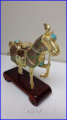 Vintage Chinese Silver Gold plated Vermeil Filigree Horse Statue withstand, box