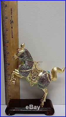 Vintage Chinese Silver Gold plated Vermeil Filigree Horse Statue withstand, box