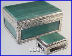 Vintage Chinese Silver & Green Aventurine Stone Cigarette And Match Box Set