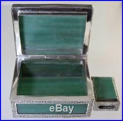 Vintage Chinese Silver & Green Aventurine Stone Cigarette And Match Box Set