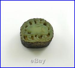 Vintage Chinese Silver Jade Plaque Carved Rabbit Trinket Snuff Box