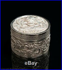 Vintage Chinese Silver Repousse Dragon Design Round Lidded Snuff Box