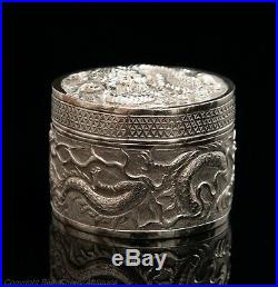 Vintage Chinese Silver Repousse Dragon Design Round Lidded Snuff Box