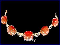 Vintage Chinese Silver With Gold Gilt & Carnelian Cabochon Bracelet