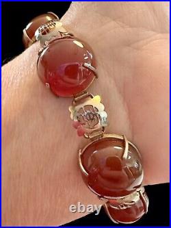 Vintage Chinese Silver With Gold Gilt & Carnelian Cabochon Bracelet