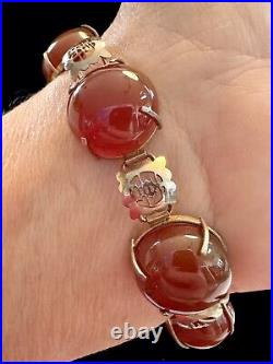 Vintage Chinese Silver With Gold Gilt & Carnelian Cabochon Bracelet