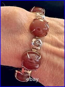 Vintage Chinese Silver With Gold Gilt & Carnelian Cabochon Bracelet