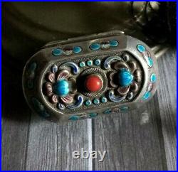 Vintage Chinese Solid Silver Enamel Flowers & Red Coral Pill Box