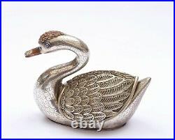 Vintage Chinese Solid Silver Filigree Enamel Swan Bird Goose Shaped Box Marked