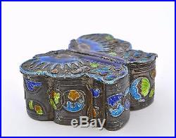 Vintage Chinese Sterling Silver Enamel Butterfly Shaped Box Marked