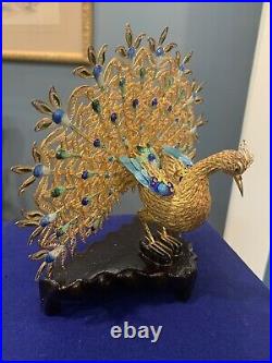 Vintage Chinese Sterling Silver Filigree & Enamel Peacock Figurine In Box Gilt