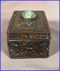 Vintage Chinese Sterling Silver Floral Enamel Jade Box