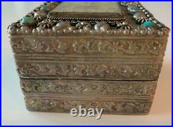 Vintage Chinese Sterling Silver Plated Box with Carved White Jade and Turquoise