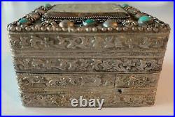 Vintage Chinese Sterling Silver Plated Box with Carved White Jade and Turquoise