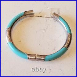 Vintage Chinese Sterling Silver Sleeping BeautyTurquoise Etched Clamper Bracelet