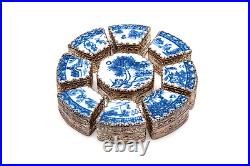 Vintage Chinoiserie Blue White Porcelain Shard Silver Plated Trinket Box set