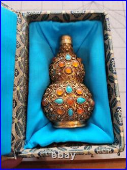 Vintage Gilded Metal Filigree Chinese Snuff Bottle with Cabochons with Box