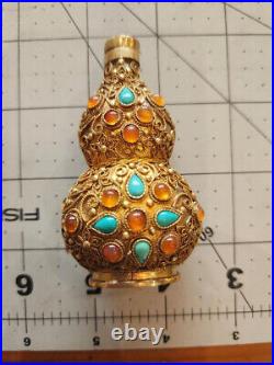 Vintage Gilded Metal Filigree Chinese Snuff Bottle with Cabochons with Box