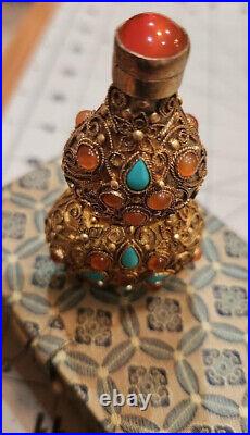 Vintage Gilded Metal Filigree Chinese Snuff Bottle with Cabochons with Box