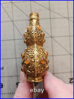 Vintage Gilded Metal Filigree Chinese Snuff Bottle with Cabochons with Box