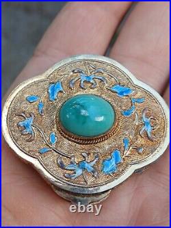 Vintage Gilded Sterling Silver Turquoise Stone & Enamel Lobed Snuff Trinket Box