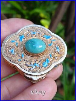 Vintage Gilded Sterling Silver Turquoise Stone & Enamel Lobed Snuff Trinket Box