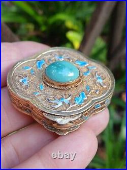 Vintage Gilded Sterling Silver Turquoise Stone & Enamel Lobed Snuff Trinket Box