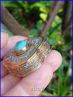 Vintage Gilded Sterling Silver Turquoise Stone & Enamel Lobed Snuff Trinket Box