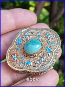 Vintage Gilded Sterling Silver Turquoise Stone & Enamel Lobed Snuff Trinket Box