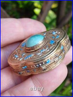 Vintage Gilded Sterling Silver Turquoise Stone & Enamel Lobed Snuff Trinket Box