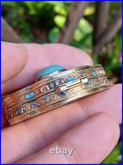 Vintage Gilded Sterling Silver Turquoise Stone & Enamel Lobed Snuff Trinket Box