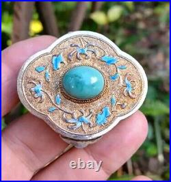 Vintage Gilded Sterling Silver Turquoise Stone & Enamel Lobed Snuff Trinket Box