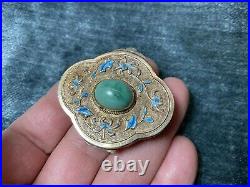 Vintage Gilt Chinese Export Fine Solid Silver Enamel & Turquoise Hinged Pill Box