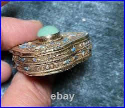 Vintage Gilt Chinese Export Fine Solid Silver Enamel & Turquoise Hinged Pill Box