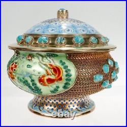 Vintage Gilt Chinese Silver & Enamel Covered Urn with Turquoise Cabochons