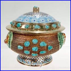 Vintage Gilt Chinese Silver & Enamel Covered Urn with Turquoise Cabochons