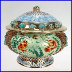 Vintage Gilt Chinese Silver & Enamel Covered Urn with Turquoise Cabochons