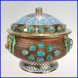 Vintage Gilt Chinese Silver & Enamel Covered Urn with Turquoise Cabochons