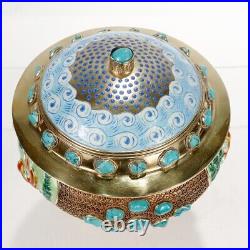 Vintage Gilt Chinese Silver & Enamel Covered Urn with Turquoise Cabochons