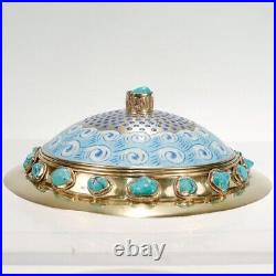 Vintage Gilt Chinese Silver & Enamel Covered Urn with Turquoise Cabochons