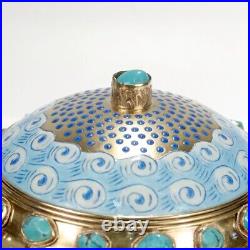 Vintage Gilt Chinese Silver & Enamel Covered Urn with Turquoise Cabochons