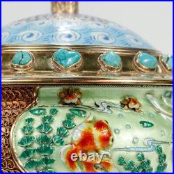 Vintage Gilt Chinese Silver & Enamel Covered Urn with Turquoise Cabochons