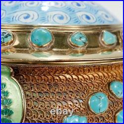 Vintage Gilt Chinese Silver & Enamel Covered Urn with Turquoise Cabochons