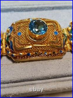 Vintage Hallmarked 925 Chinese Export Gold-Sterling Silver Gem & Enamel Bracelet