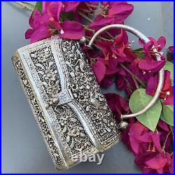 Vintage Hand Chased Oriental Hard Case Silver plated Box Purse