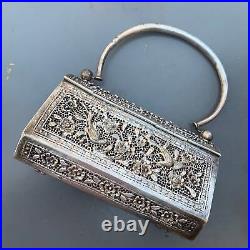 Vintage Hand Chased Oriental Hard Case Silver plated Box Purse